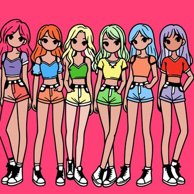 a group of girls wearing crop tops and shorts