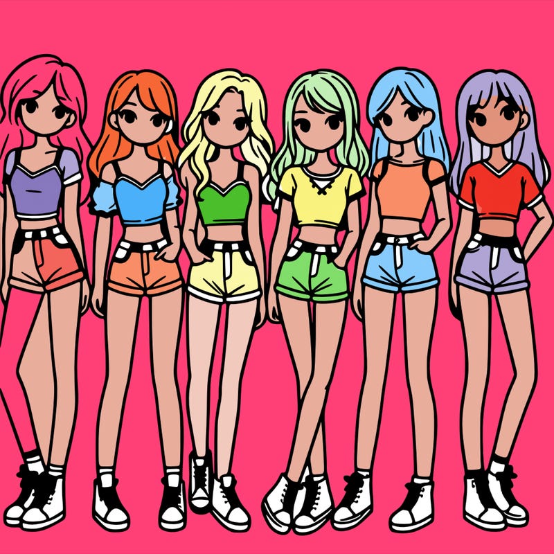 a group of girls wearing crop tops and shorts