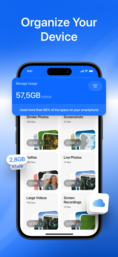 Clean Up Storage · - iPhone screen displaying the Clean Up Storage app interface with storage usage statistics and media categories like similar photos and screenshots