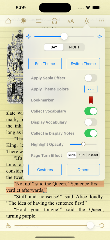 MapleRead CX - MapleRead CX e-book reader showing extensive theme and reading settings over a page of Alice in Wonderland