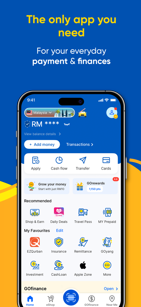 Touch n Go eWallet mobile app home screen showing digital payment and financial management features.