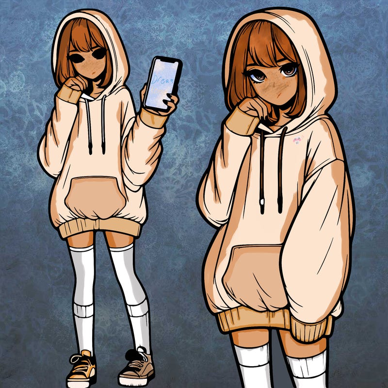 realistic girl who looks tired and is wearing an oversized hoodie and knee high socks and is holding a phone