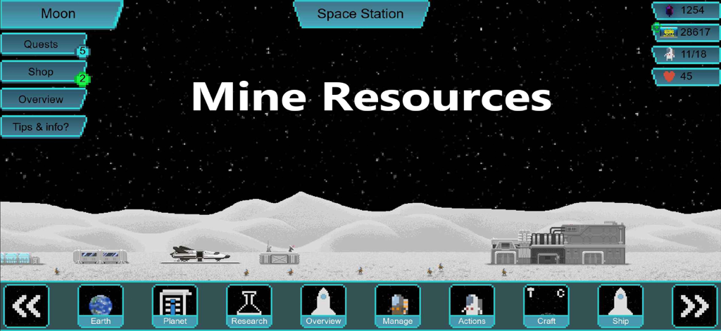 Tiny Space Program - Pixel art gameplay of Tiny Space Program showing a lunar base with the text Mine Resources