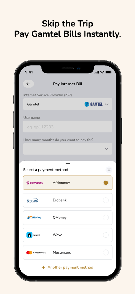 Waychit app interface for paying internet bills with various payment methods