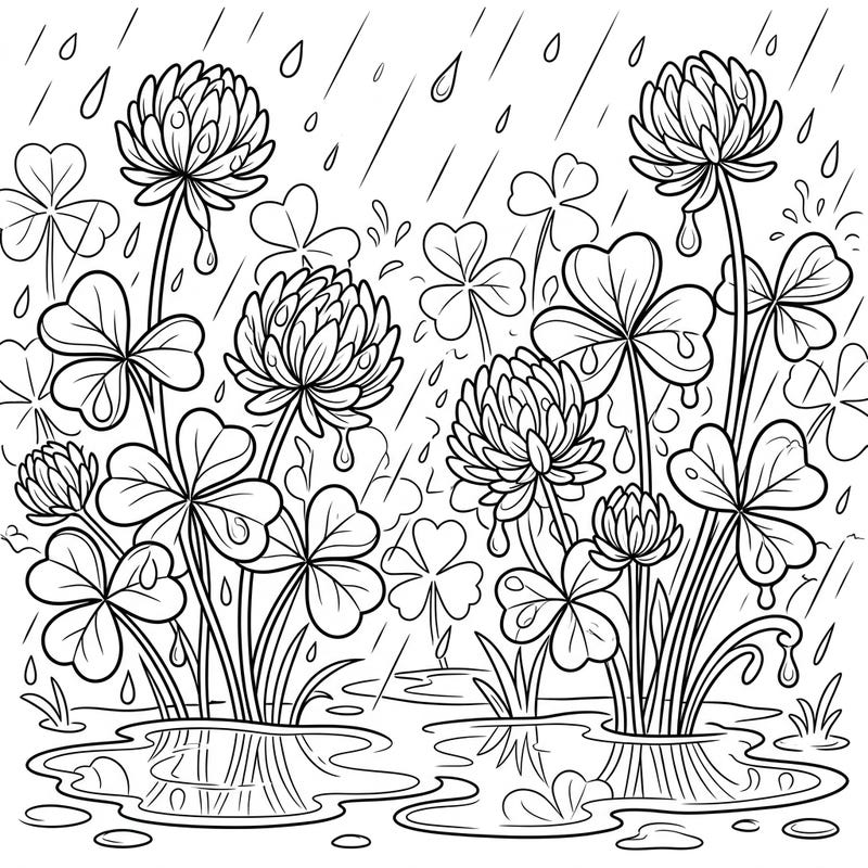 Immerse yourself in the serene beauty of a rainy day with this delightful coloring page featuring vibrant shamrock flowers and clover leaves. It's a perfect way to relax and add your own touch of color to a peaceful natural scene.