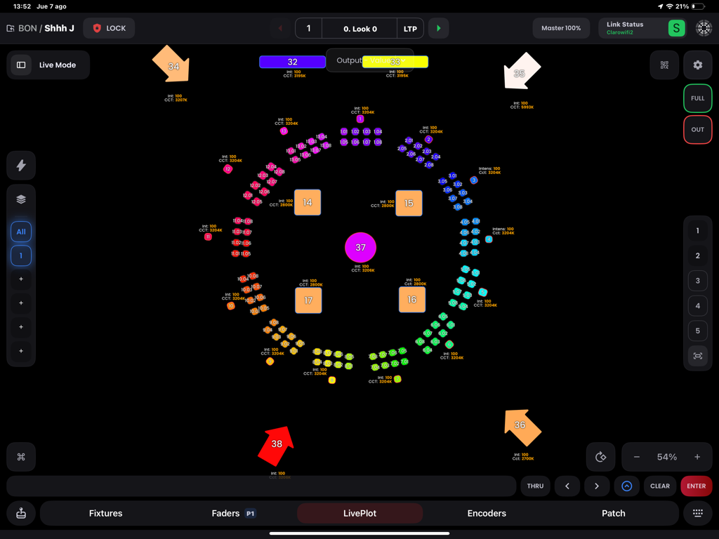 Blackout Lighting Console - LivePlot interface of the Blackout Lighting Console app showing a visual arrangement of lighting fixtures