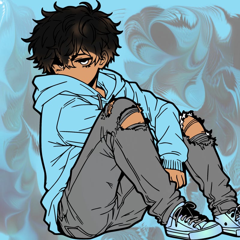 a male hoddie ripped jeans messy hair anime