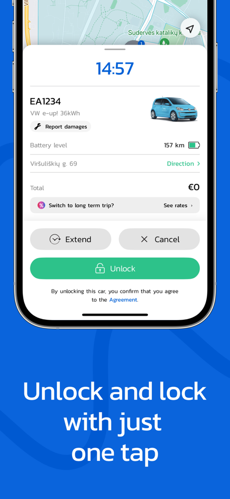 Mobile app interface for SPARK car sharing featuring a button to unlock a reserved electric vehicle