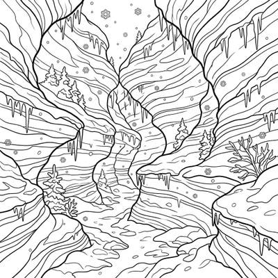 Immerse yourself in the serene beauty of a slot canyon transformed by winter's embrace, featuring intricate rock formations draped with icicles. This detailed coloring page offers a unique seasonal adventure, inviting you to add vibrant color to a frosty desert landscape.