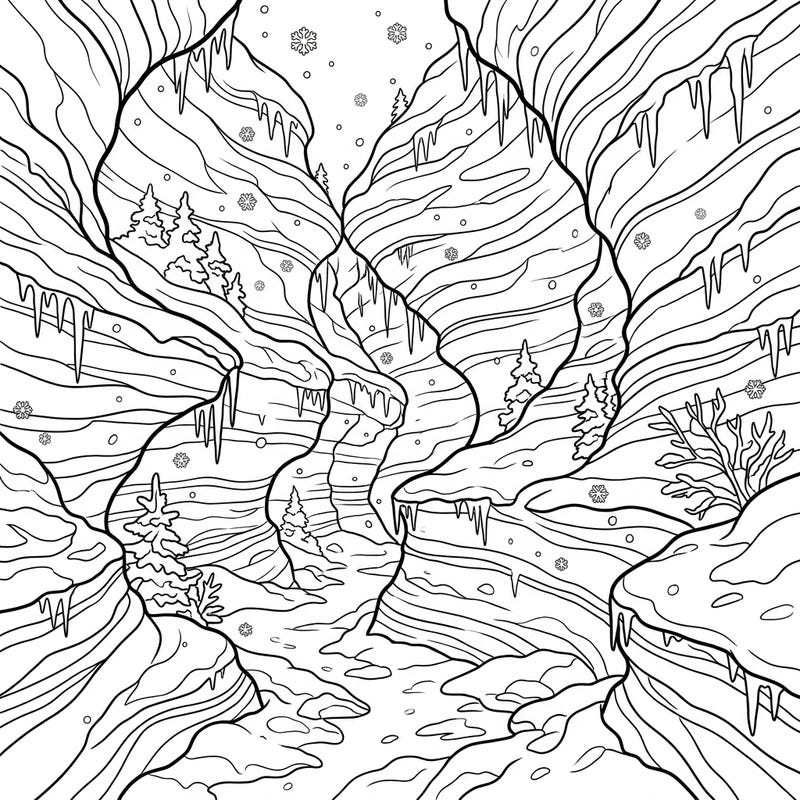 Immerse yourself in the serene beauty of a slot canyon transformed by winter's embrace, featuring intricate rock formations draped with icicles. This detailed coloring page offers a unique seasonal adventure, inviting you to add vibrant color to a frosty desert landscape.
