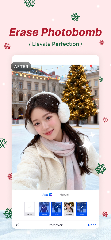 SnapEdit app interface showing the AI object removal feature erasing photobombers from a winter portrait photo
