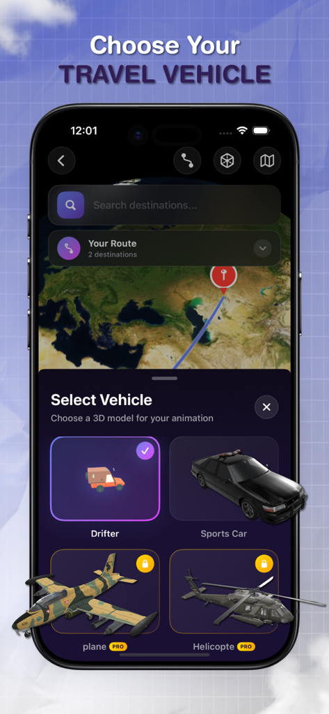 MapVibe: Travel Video Maker - Interfaz de la aplicación MapVibe para seleccionar vehículos de viaje 3D para animaciones de rutas de mapas