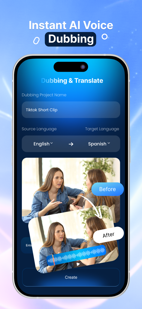 Play ht: Voice Generator - Uma interface móvel para o aplicativo Play ht mostrando recursos de dublagem e tradução de voz de IA de inglês para espanhol para um clipe de vídeo