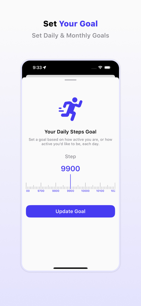 Step Tracker - Walk Watch - Interfaz de la aplicación Step Tracker que muestra una pantalla de establecimiento de objetivos de pasos diarios con un control deslizante para seleccionar 9900 pasos