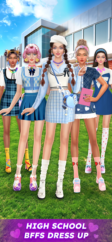 Teenager Fashion Dress Up Game - Cinco chicas adolescentes con elegantes atuendos escolares paradas juntas frente a un edificio de secundaria