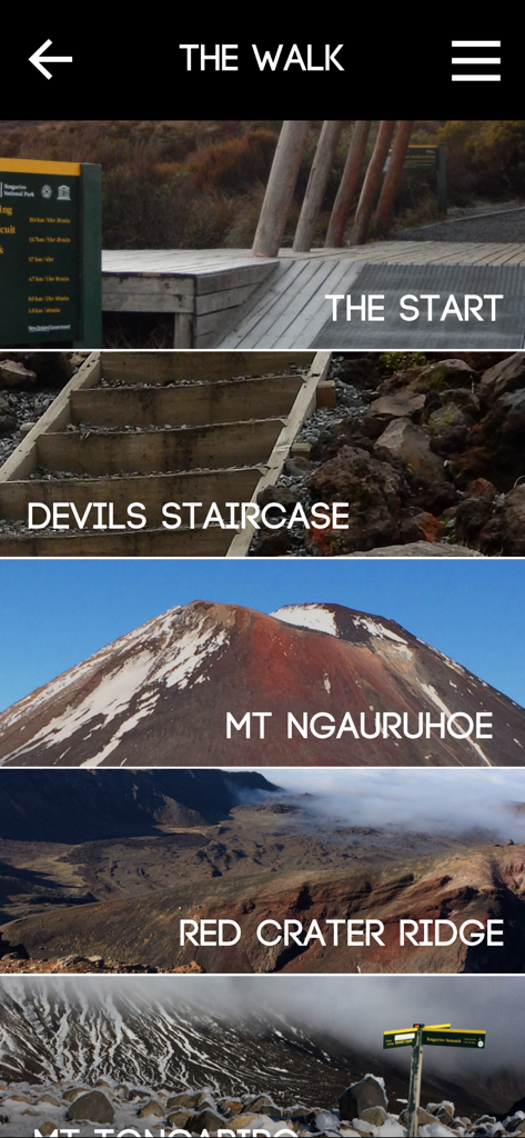 Tongariro Alpine Crossing - A menu of trail landmarks in the Tongariro Alpine Crossing app including Devils Staircase and Mount Ngauruhoe