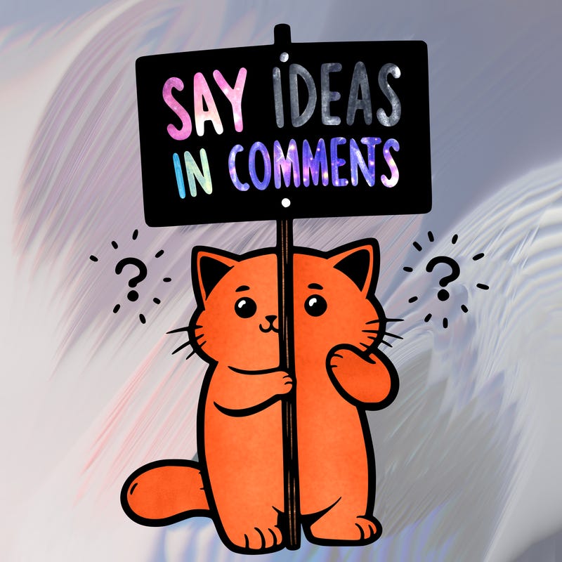 cat holding sign that says say ideas in comments