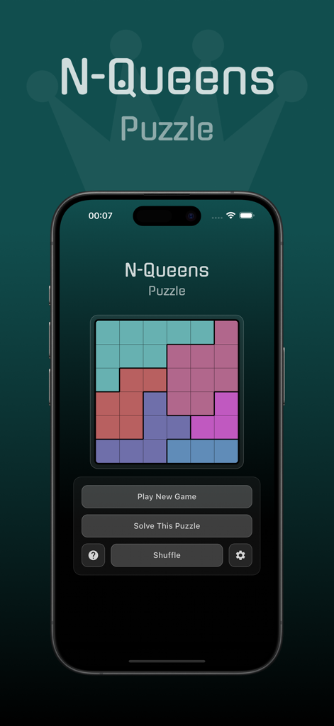 N-Queens Puzzle - N-Queens Puzzle mobile app home screen showing a colorful logic grid and game menu buttons