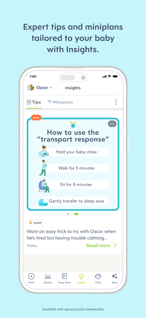 Huckleberry app screenshot showing a step-by-step baby sleep tip called the transport response within the Insights tab.