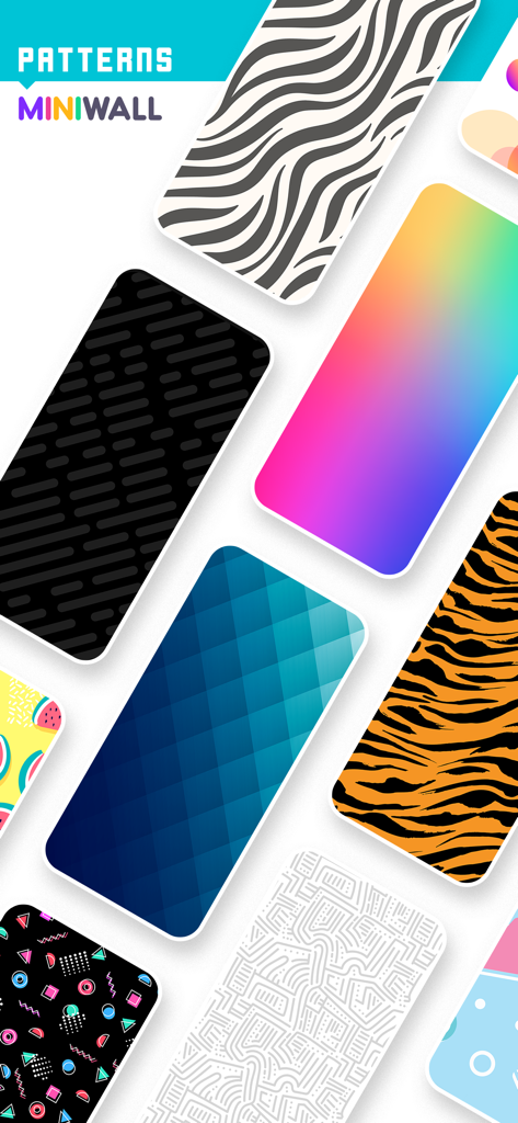 MiniWall Wallpapers - A variety of colorful and geometric wallpaper patterns displayed on smartphone screens including animal prints and gradients
