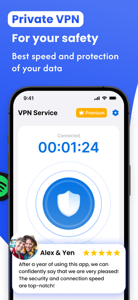 VPN NovaLink - VPN NovaLink-Mobil-App-Oberfläche, die eine aktive sichere Verbindung und ein Fünf-Sterne-Nutzer-Testimonial zeigt