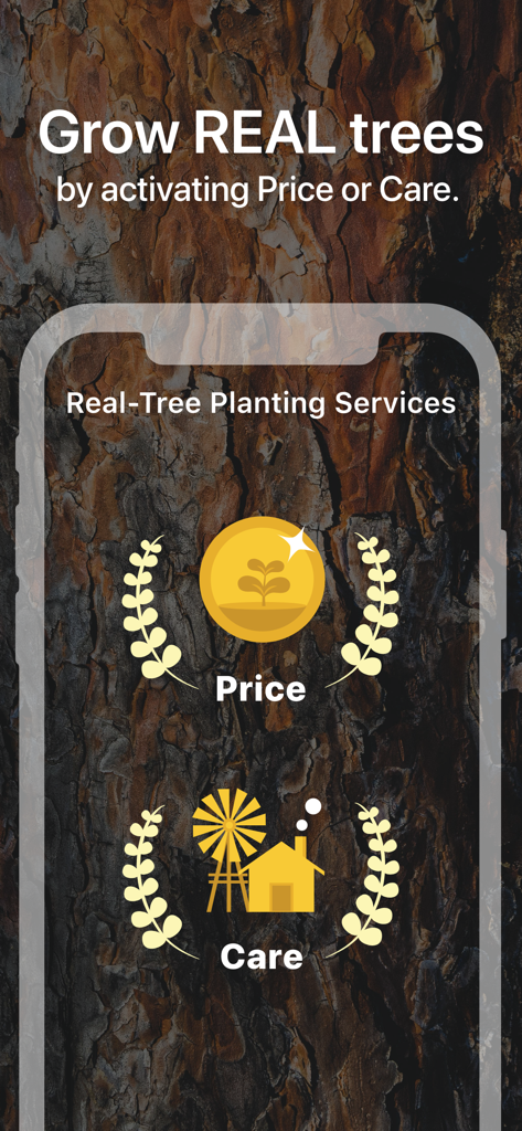 Flora app interface showing options to grow real trees through Price and Care services
