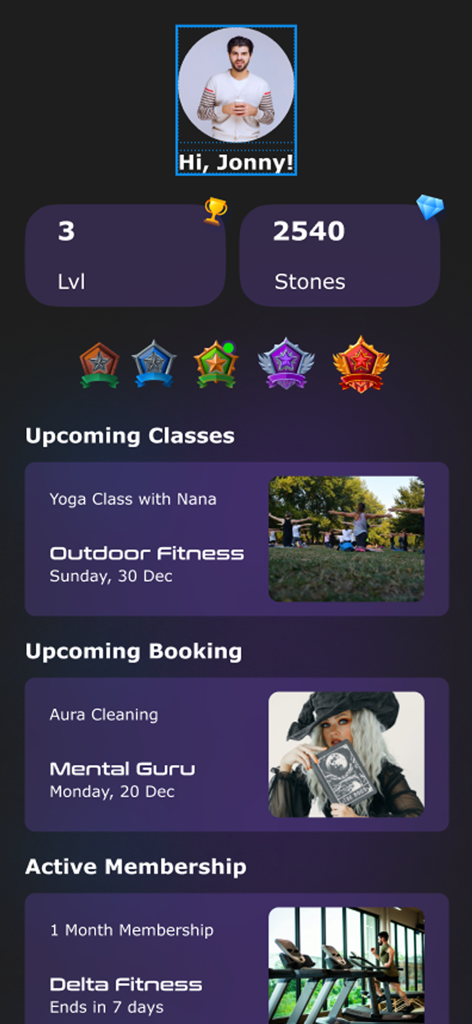 User dashboard of Infinito Experiences app showing active memberships and upcoming wellness classes