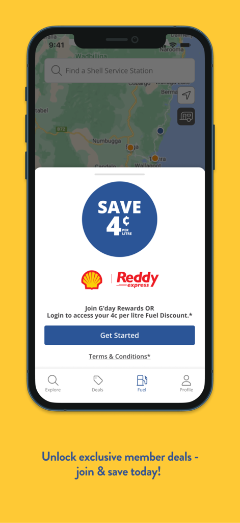 G'day Parks - Gday Parks mobile app interface showing a fuel discount offer and interactive map of Australia
