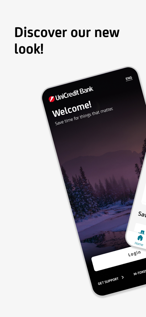 Ecrã de boas-vindas e login da aplicação móvel UniCredit Bank m-bank com um novo design.