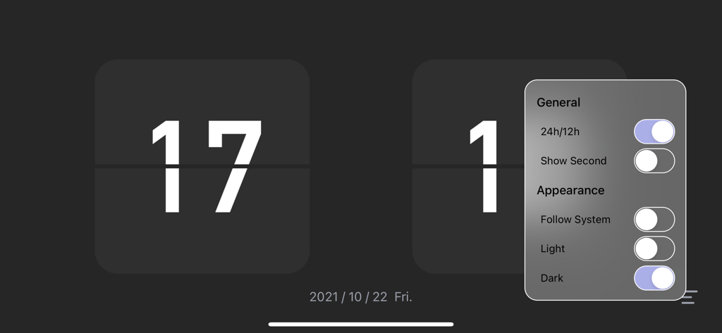 Minimalist flip clock app interface in dark mode featuring an open settings menu for customization
