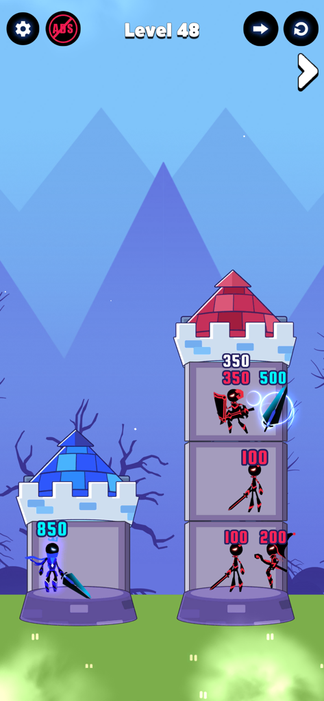 Hero Castle War: Tower Attack - Ninja hero with power level 850 attacking a three story tower with enemies in Hero Castle War