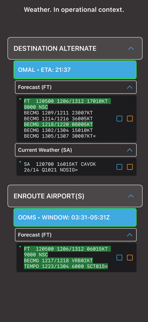 Weather information and forecasts for destination and enroute airports in FlightBrief