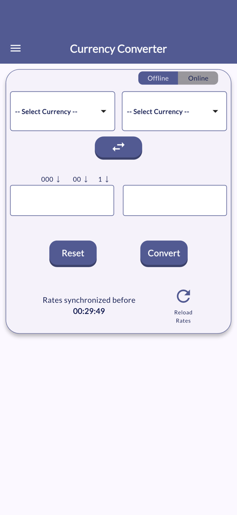 Real-Time Currency Converters - Interfaz de usuario de la aplicación Currency Converter que muestra el modo sin conexión con menús desplegables de selección de divisa y botón de convertir