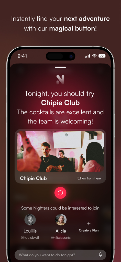 Application mobile Nighters montrant une suggestion de vie nocturne instantanée pour un club à Paris