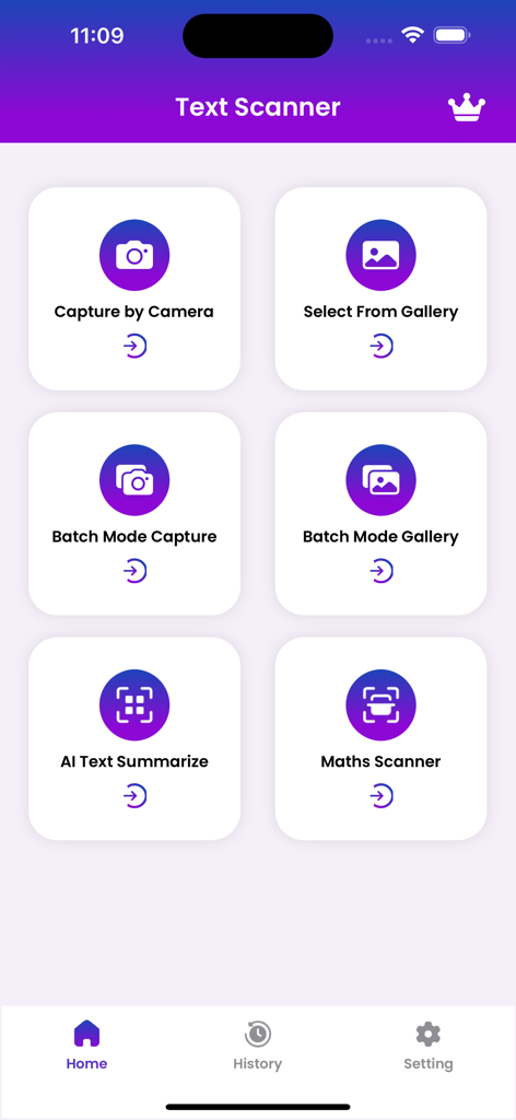 Image to Text Scanner OCR Scan - Menú principal de la aplicación Escáner de Imagen a Texto que muestra funciones OCR como captura de cámara, selección de galería y resumen de texto con IA.