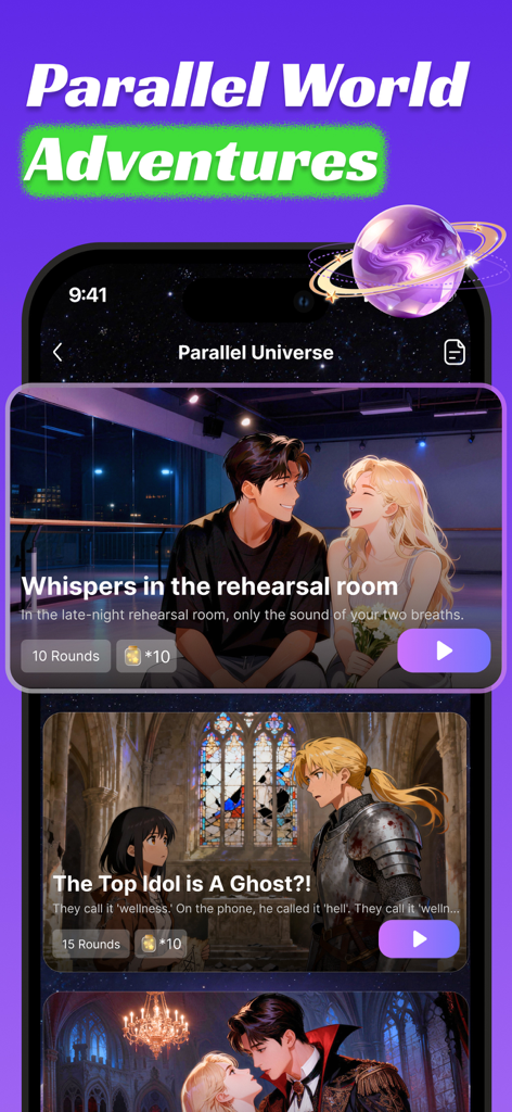 OppaYa app interface showing interactive AI idol story scenarios in Parallel World Adventures
