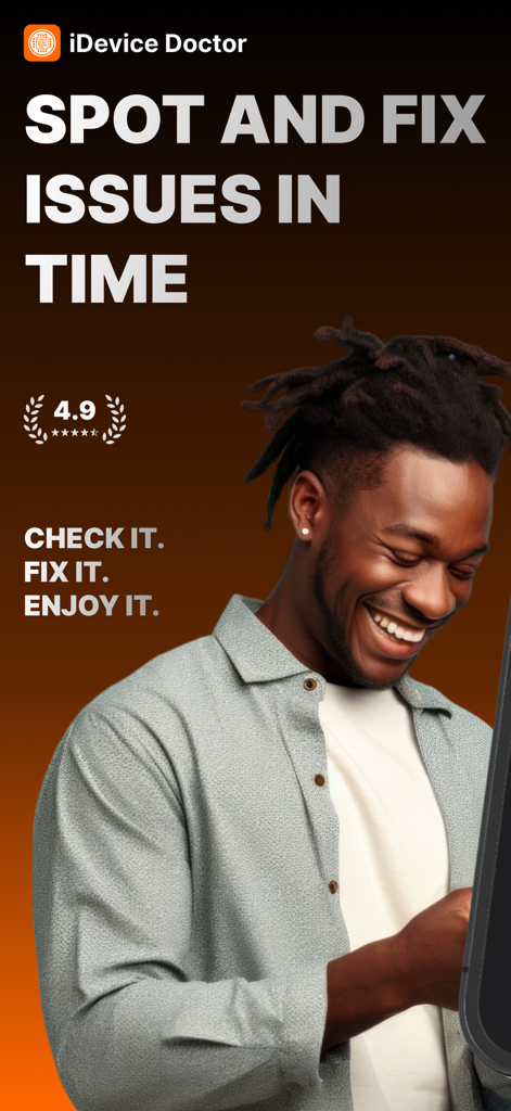 iDevice Doctor - Smiling man using iDevice Doctor app to fix smartphone issues