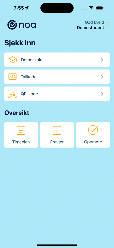 NOA Notice Of Attendance - Home screen of the NOA Notice of Attendance app showing check-in options and a student overview dashboard.