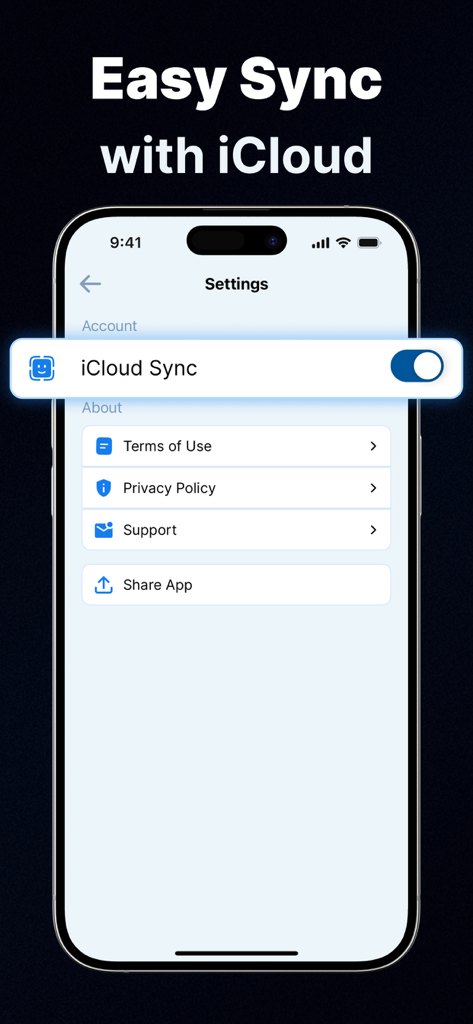 Authenticator App : 2FA Secure - iPhone-Bildschirm, der die aktivierte iCloud-Synchronisierungsfunktion in den Einstellungen der 2FA-Authenticator-App zeigt