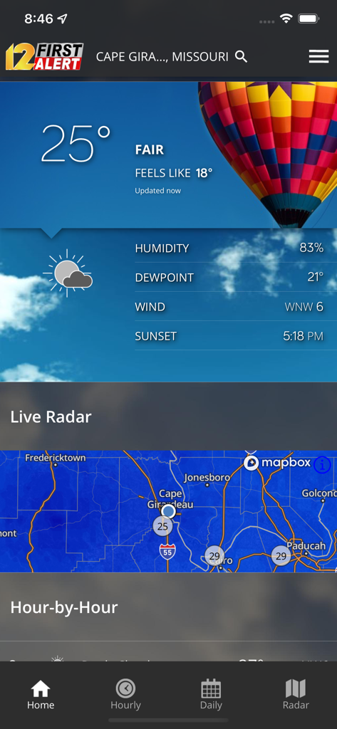 KFVS12 StormTeam Weather app interface showing current conditions and live radar for Cape Girardeau Missouri