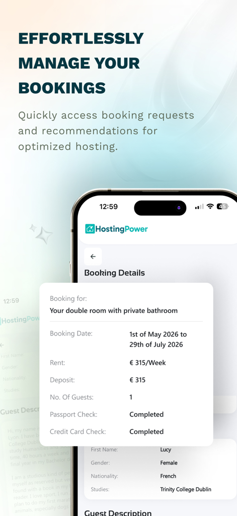 Buchungsdetailansicht in der Hosting Power App mit Gastinformationen und Mietbedingungen