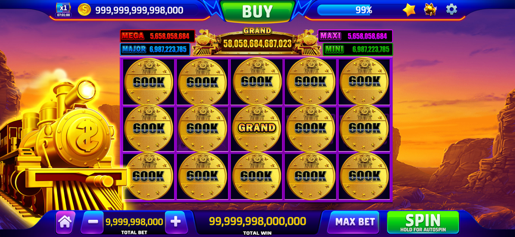X Slots - Casino Games - A golden train themed slot machine game screen featuring multiple winning coins and a grand jackpot