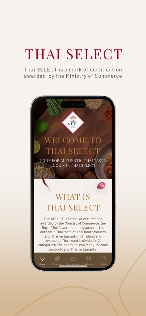 タイSELECTモバイルアプリのホーム画面。本格的なタイのレストランや食品製品の公式認定詳細を表示しています。