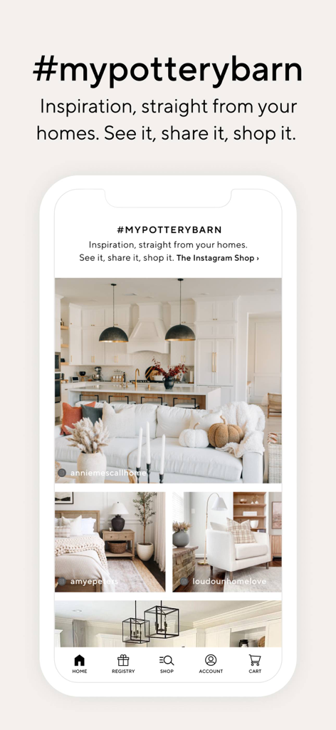 인테리어 디자인 영감을 위한 고객 집 사진을 표시하는 Pottery Barn 앱 인터페이스.