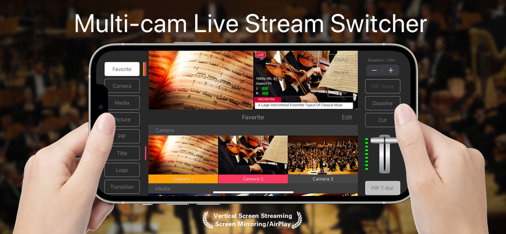 TopDirector - TopDirector mobile app interface on an iPhone displaying a professional multi-camera live stream switcher with video feeds and transition controls.