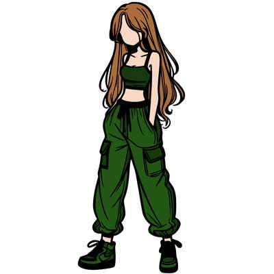 girl in baggy pants crop top and long hair