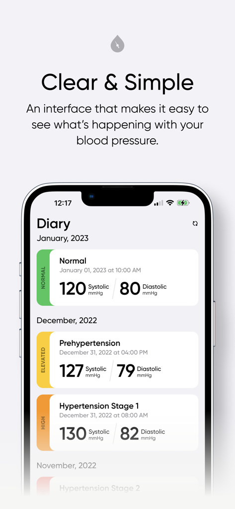 A clear and simple mobile interface showing color coded blood pressure logs for normal and high readings