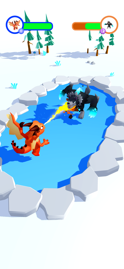 Cute Monsters Merge - Una batalla entre un dragón naranja y un monstruo lobo oscuro en una arena nevada.