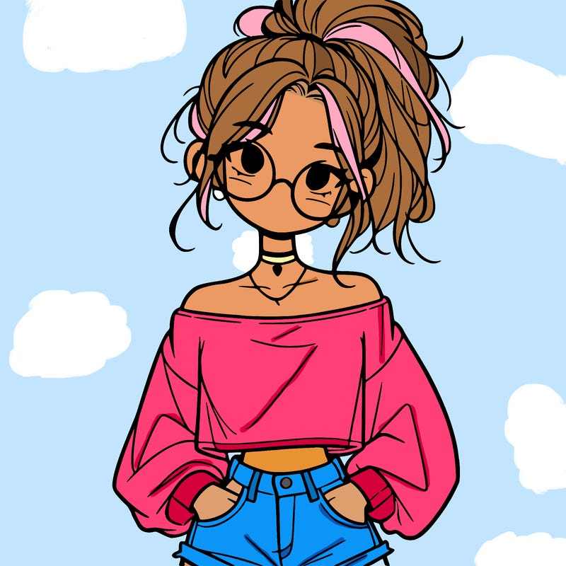 girl with a messy ponytail glasses a baggy crop top and jean shorts