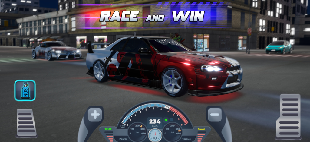 A customized sports car racing on a city street at night with a digital dashboard and NOS button